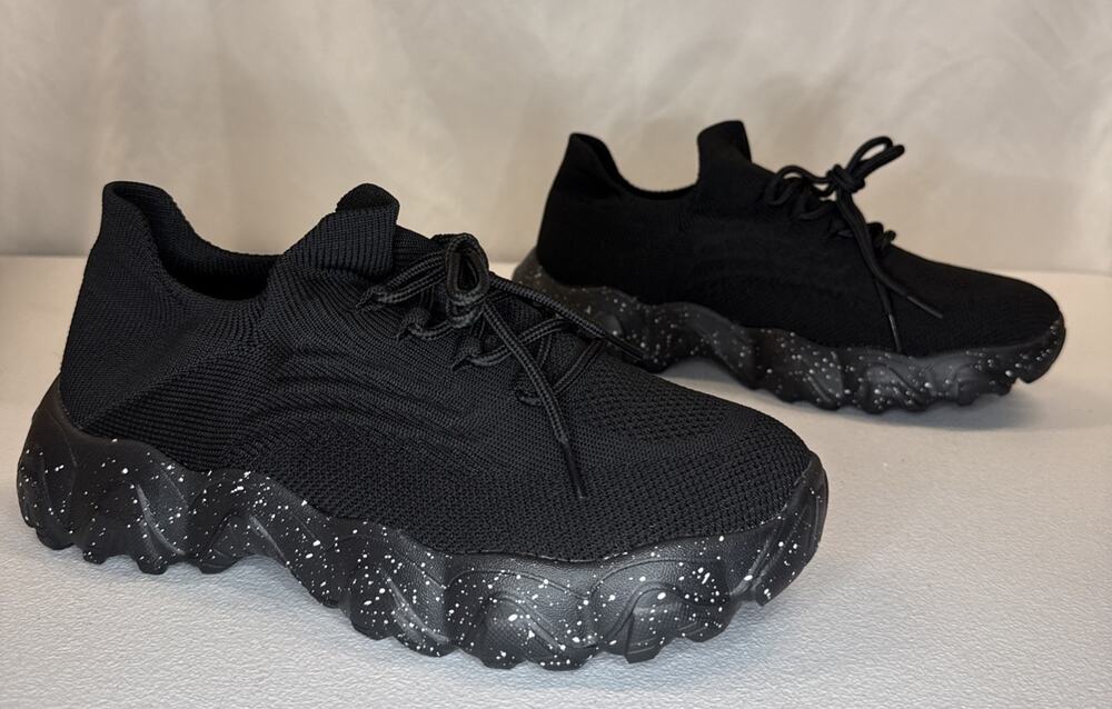 Women’s Knit Sock Slip On Sneakers Black Speckle Sole Size 42